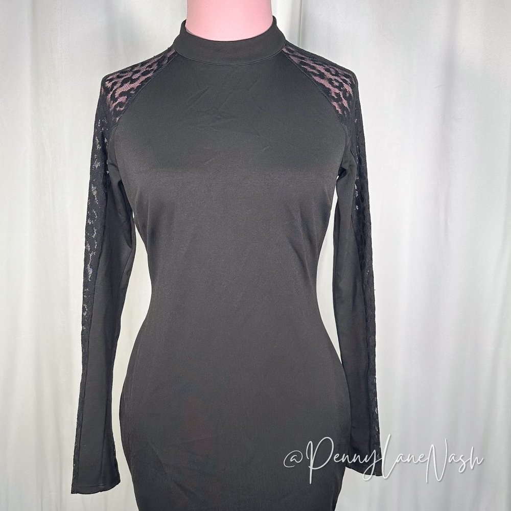 Forever 21 Mock Neck Long Sleeves Bodycon Dress Black - Picture 2 of 10